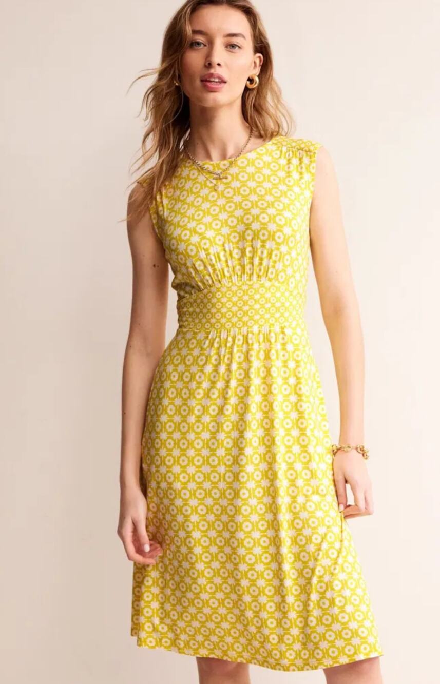 Boden Thea Sleeveless Dress Womens Size 4 Long Yellow Blossom Tile Small 4L